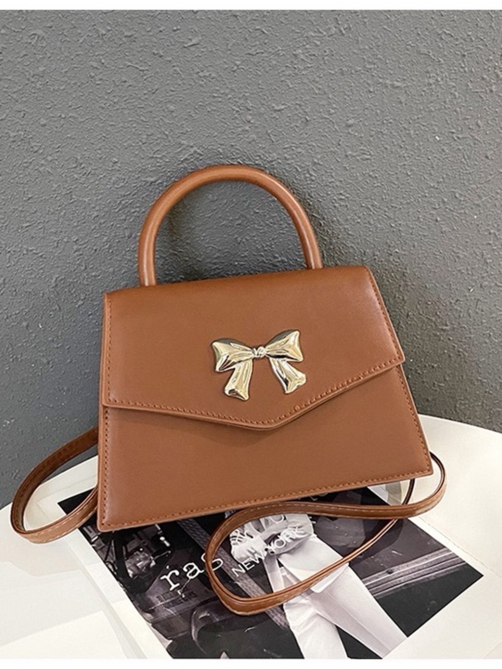 Leather Top-Handle Bow Accent Satchel - Brown